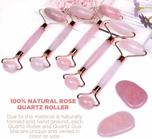 Jade Roller Rosenquarz mit Gua Sha Brett 100% Natürliche Gesichtsmassager.