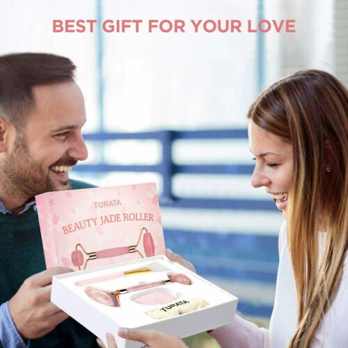 Jade Roller Rosenquarz mit Gua Sha Brett 100% Natürliche Gesichtsmassager.