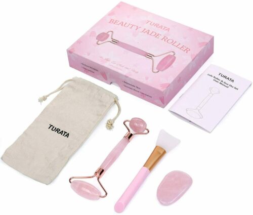 Jade Roller Rosenquarz mit Gua Sha Brett 100% Natürliche Gesichtsmassager.