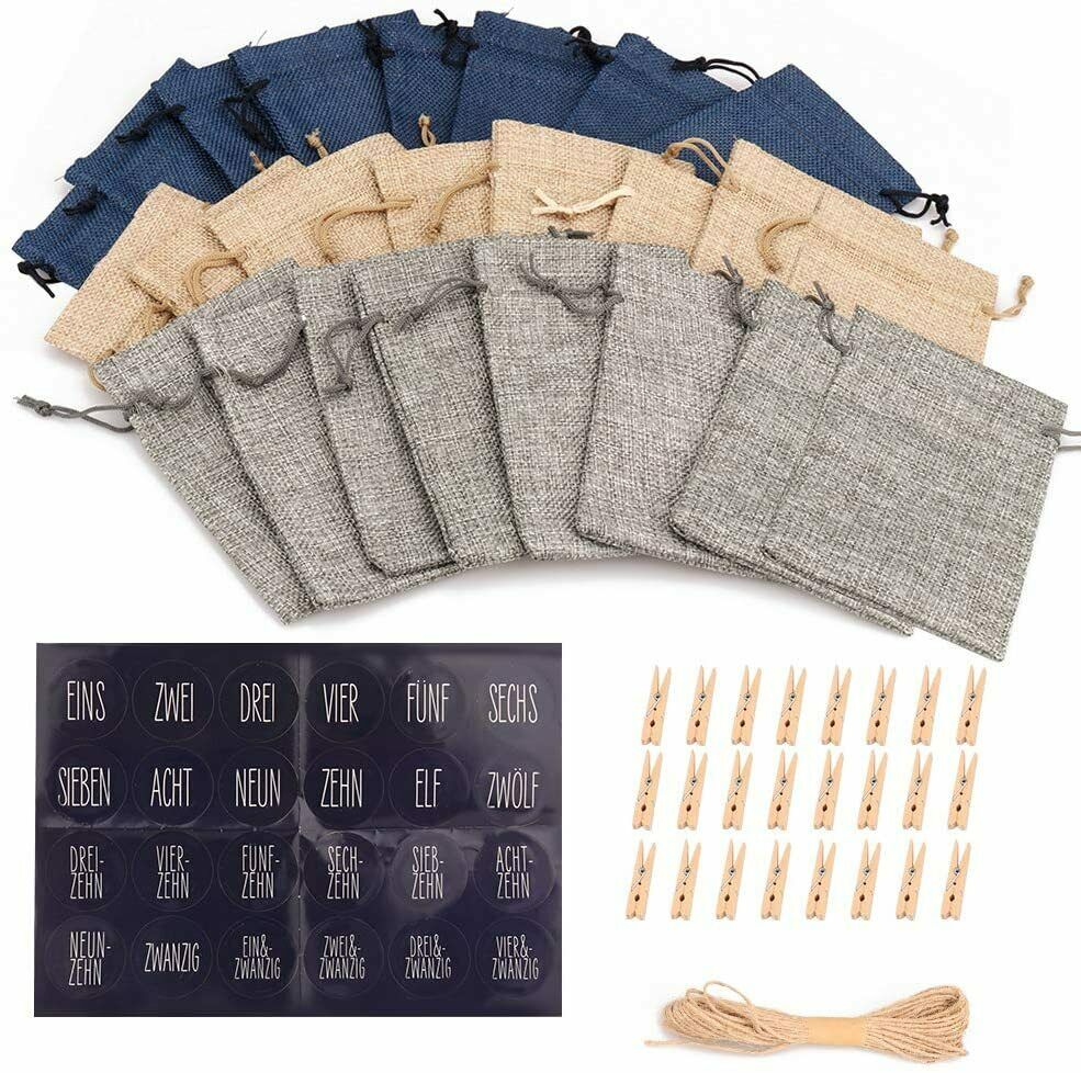 Adventskalender zum Befüllen 24 Geschenktüten + 24 Aufkleber Stoffbeutel DIY DE