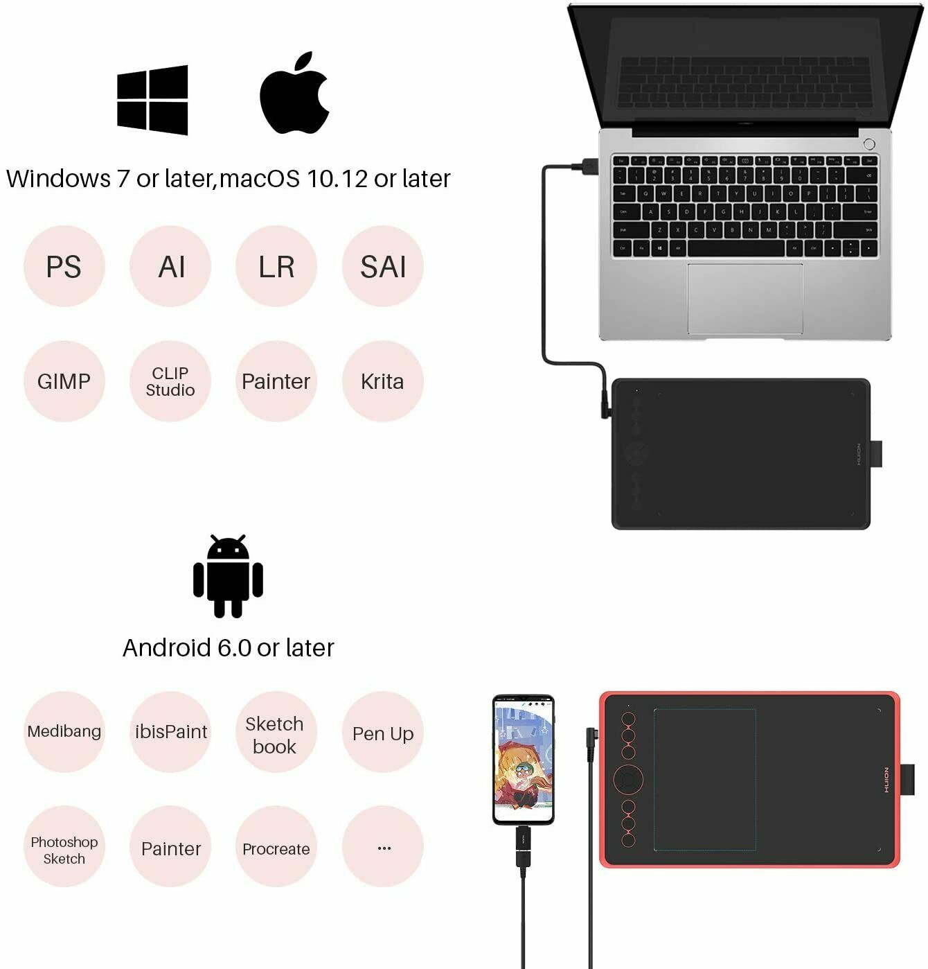 HUION Inspiroy Ink H320M (Schwarz) Grafiktablett mit Mehrzweckfunktion + Cover