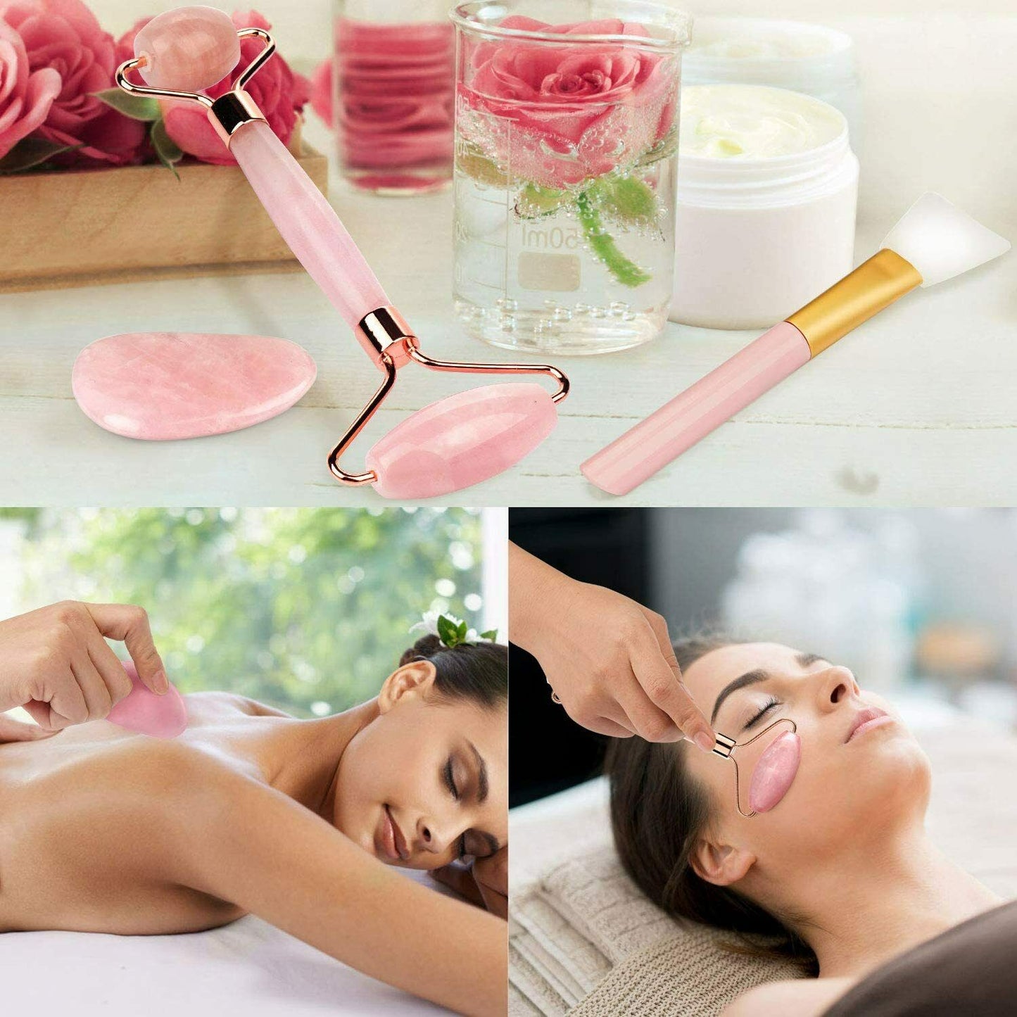 Jade Roller Rosenquarz mit Gua Sha Brett 100% Natürliche Gesichtsmassager