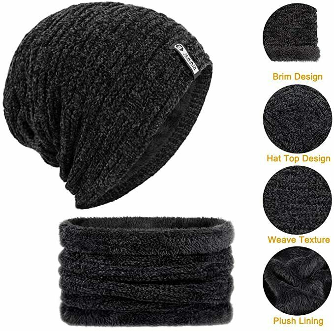 Wintermütze Warmer Beanie Strick Mütze inkl. Schal mit Fleecefutter Damen Herren