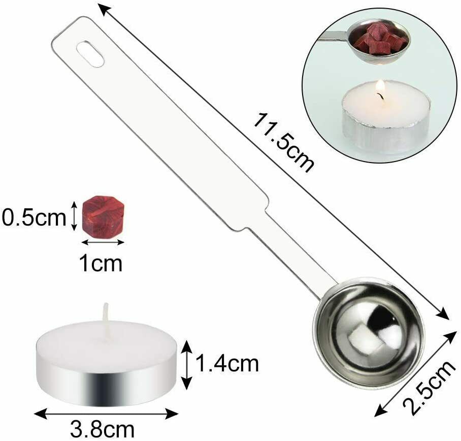 200x Siegelwachs-Perlen rot Set mit 2 weißen Kerzen und 1 achteckigem Löffel