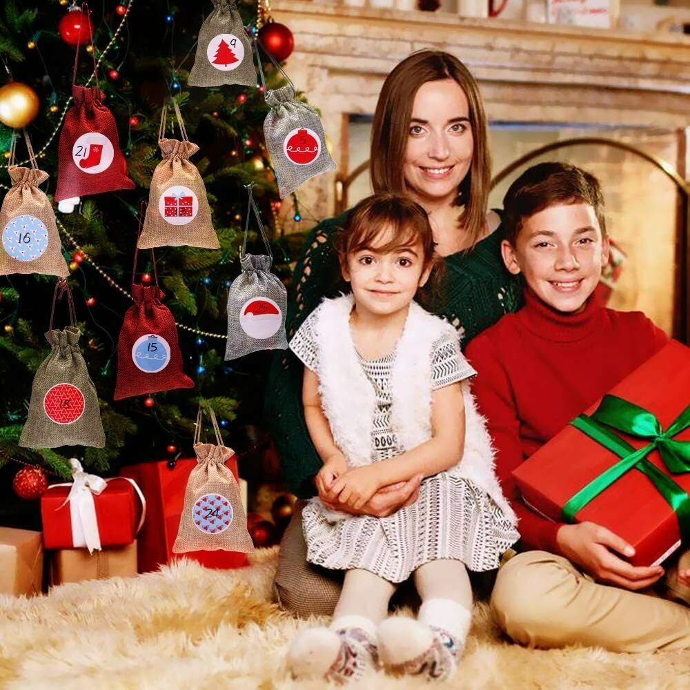 Adventskalender zum Befüllen 24 Geschenktüten + 24 Aufkleber Stoffbeutel DIY DE