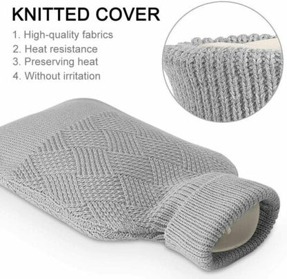 Wärmflaschen 2L mit Strickbezug Rollkragen Wärmekissen Geprüft Krämpfe - Grau