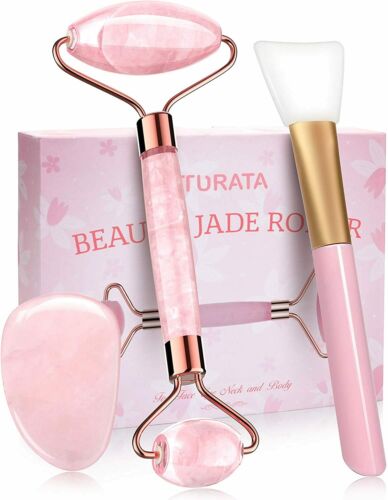 Jade Roller Rosenquarz mit Gua Sha Brett 100% Natürliche Gesichtsmassager.