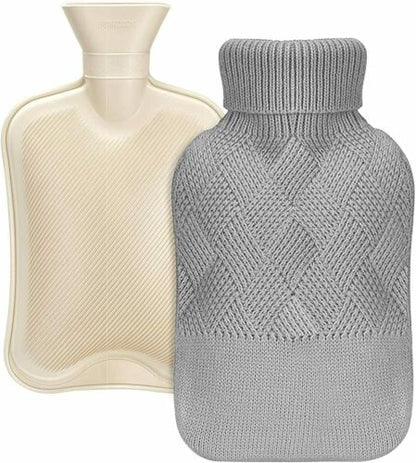 Wärmflaschen 2L mit Strickbezug Rollkragen Wärmekissen Geprüft Krämpfe - Grau