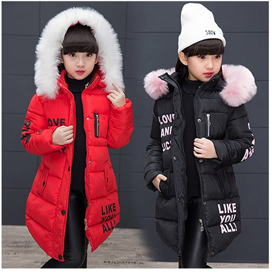 YYF Kinder Mädchen Lange Winterjacke mit Fellkapuze Outerwear Oberbekleidung Winter Kleidung Verdichte Kinderjacke Wintermantel Mantel Parka