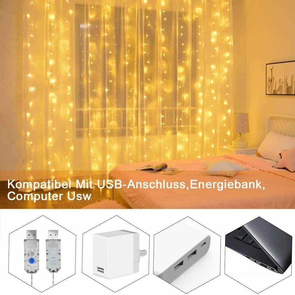 300 LEDs USB Lichterkettenvorhang 3M*3M 8 Modi Lichterkette mit Fernbedienung