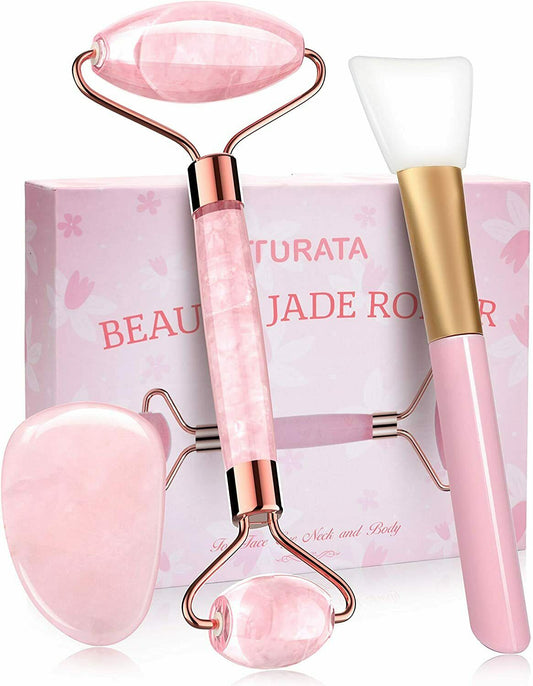 Jade Roller Rosenquarz mit Gua Sha Brett 100% Natürliche Gesichtsmassager