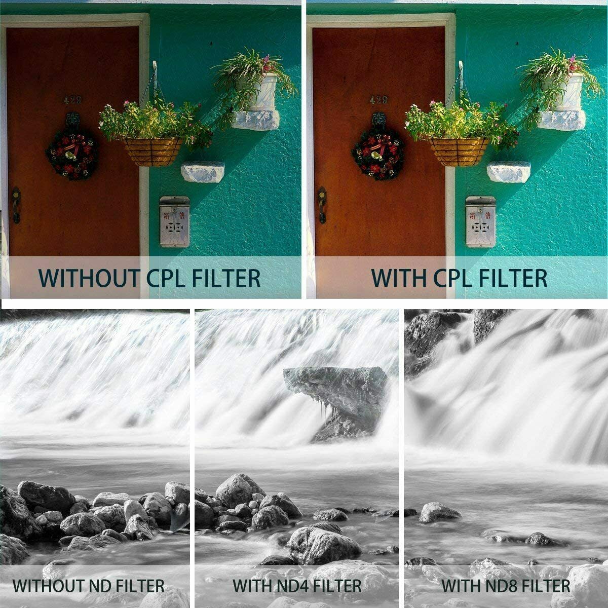 58MM Filter Set Beschoi 6Pcs Filter Kit (CPL+ND4+ND8)+ Verlauf Farbe Filter