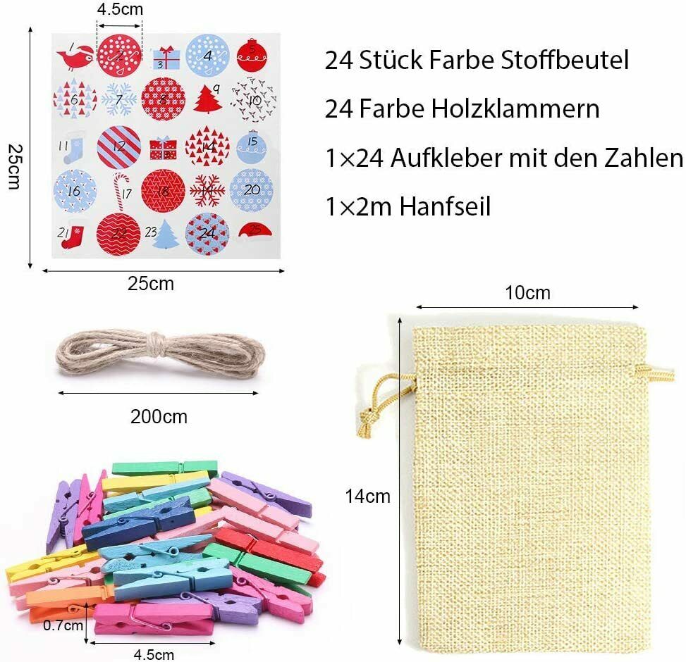 Adventskalender zum Befüllen 24 Geschenktüten + 24 Aufkleber Stoffbeutel DIY DE