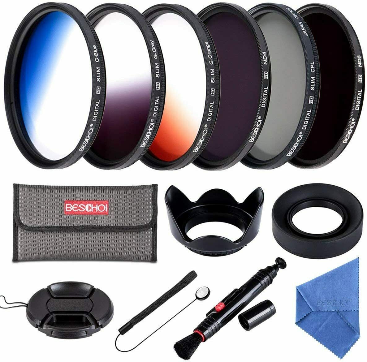 58MM Filter Set Beschoi 6Pcs Filter Kit (CPL+ND4+ND8)+ Verlauf Farbe Filter