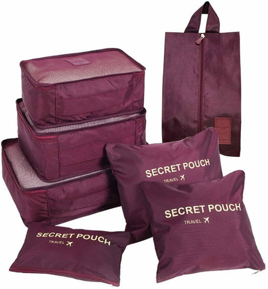 Kleidertaschen-Set 7-teilig Reisetasche in Koffer Wäschebeutel (Weinrot)