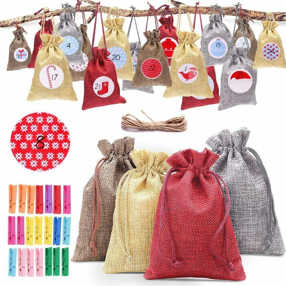 Adventskalender zum Befüllen 24 Geschenktüten + 24 Aufkleber Stoffbeutel DIY DE
