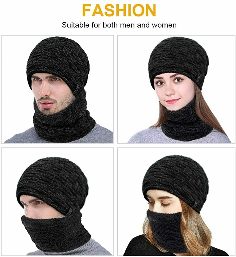 Wintermütze Warmer Beanie Strick Mütze inkl. Schal mit Fleecefutter Damen Herren