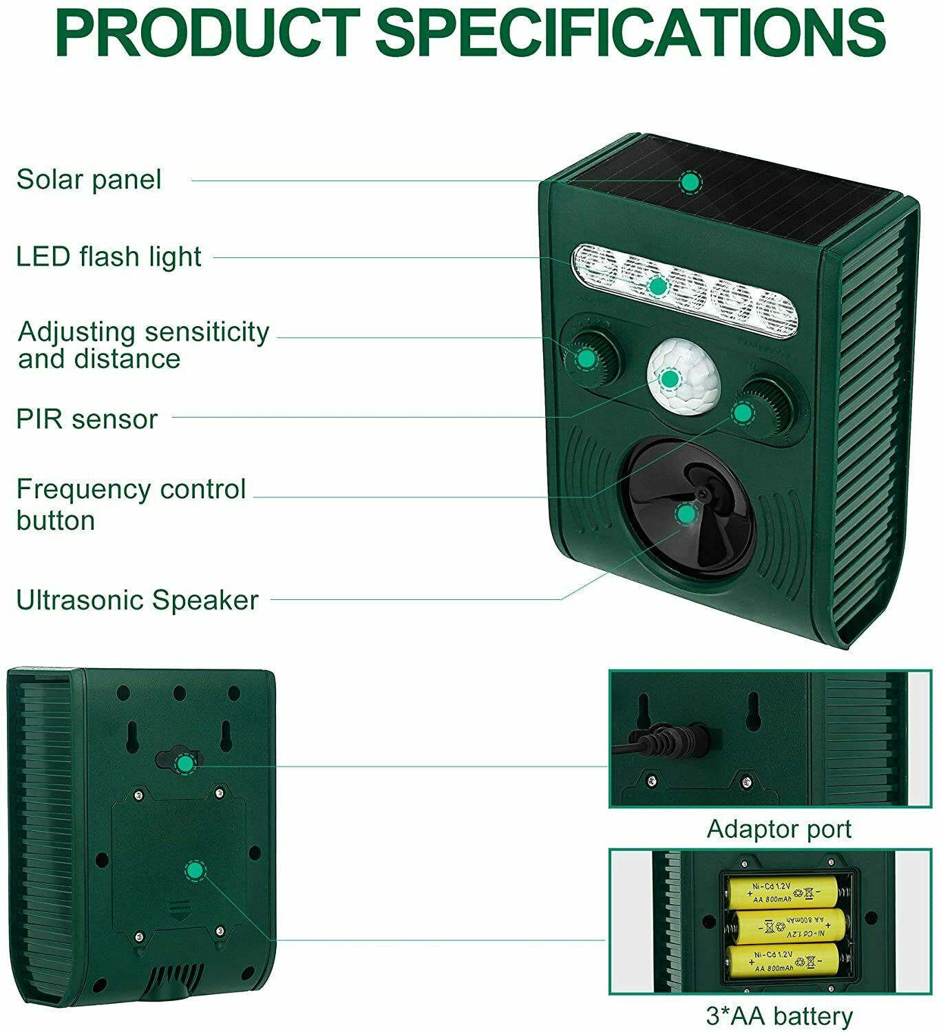 Solar Power Animal Repeller-ultrasonic sound mit Bewegungsmelder,Blitz,Aufstellp