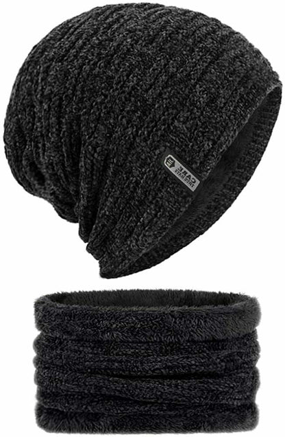 Wintermütze Warmer Beanie Strick Mütze inkl. Schal mit Fleecefutter Damen Herren