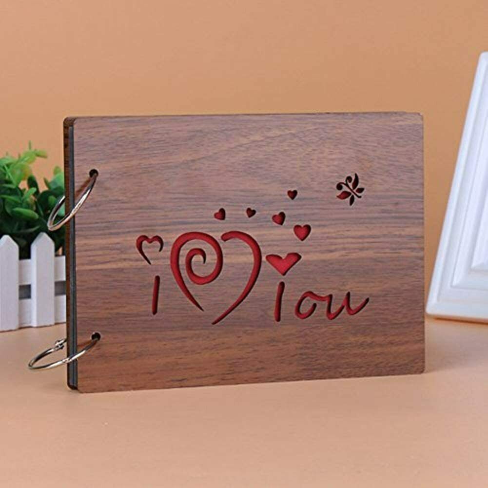 Personalisierbares Scrapbuch, Fotoalbum mit schwarzen Seiten, aus Holz I love u