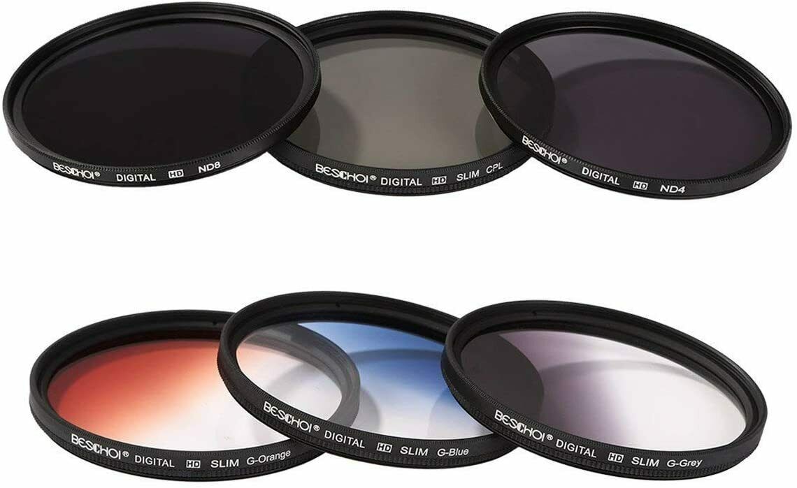58MM Filter Set Beschoi 6Pcs Filter Kit (CPL+ND4+ND8)+ Verlauf Farbe Filter