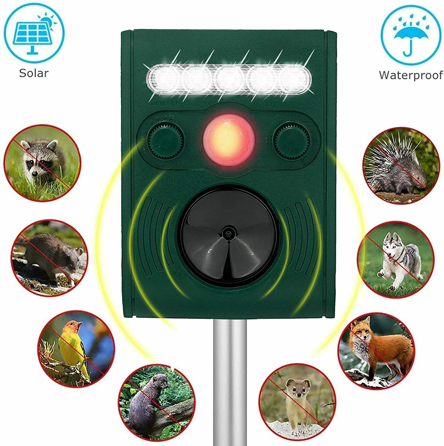 Solar Power Animal Repeller-ultrasonic sound mit Bewegungsmelder,Blitz,Aufstellp