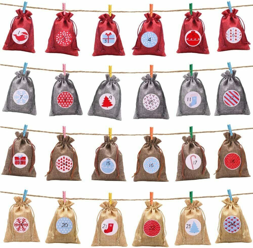 Adventskalender zum Befüllen 24 Geschenktüten + 24 Aufkleber Stoffbeutel DIY DE