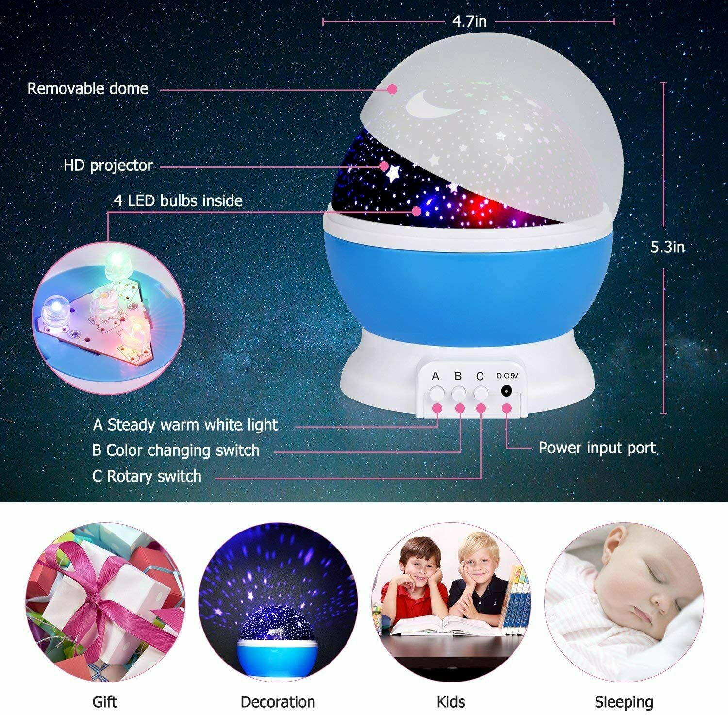 Sternenhimmel Projektor, Sunnest baby Nachtlicht LED 360° Rotierend Projektions