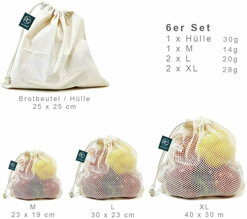 6er Set Obst- und Gemüsebeutel 100% Obst-Beutel Gemüse-Netz mit Gewichtsangabe