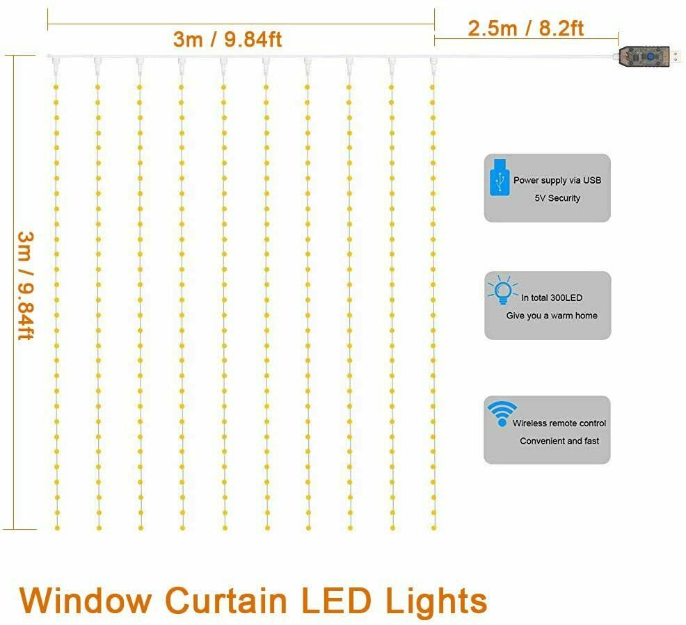 300 LEDs USB Lichterkettenvorhang 3M*3M 8 Modi Lichterkette mit Fernbedienung