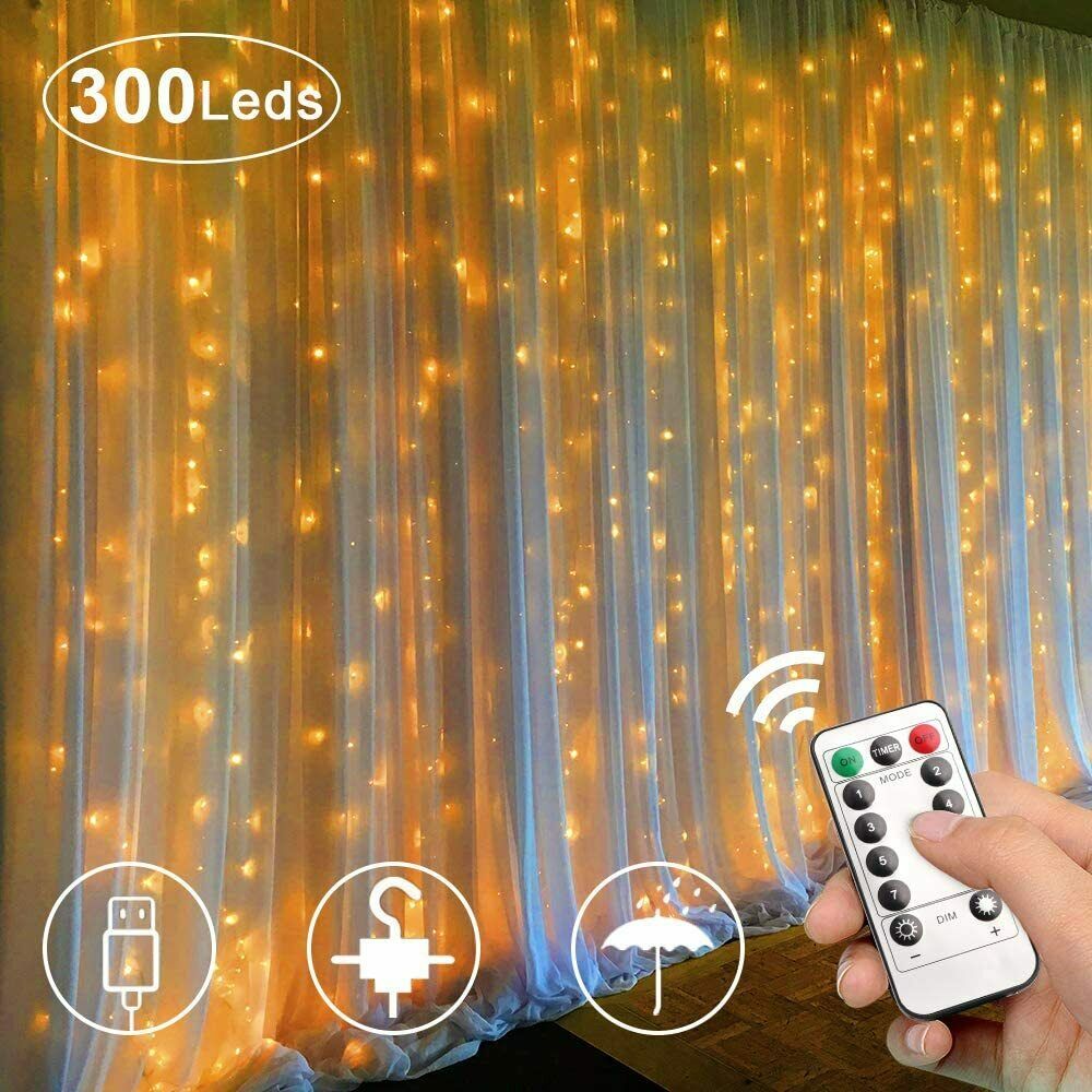 300 LEDs USB Lichterkettenvorhang 3M*3M 8 Modi Lichterkette mit Fernbedienung
