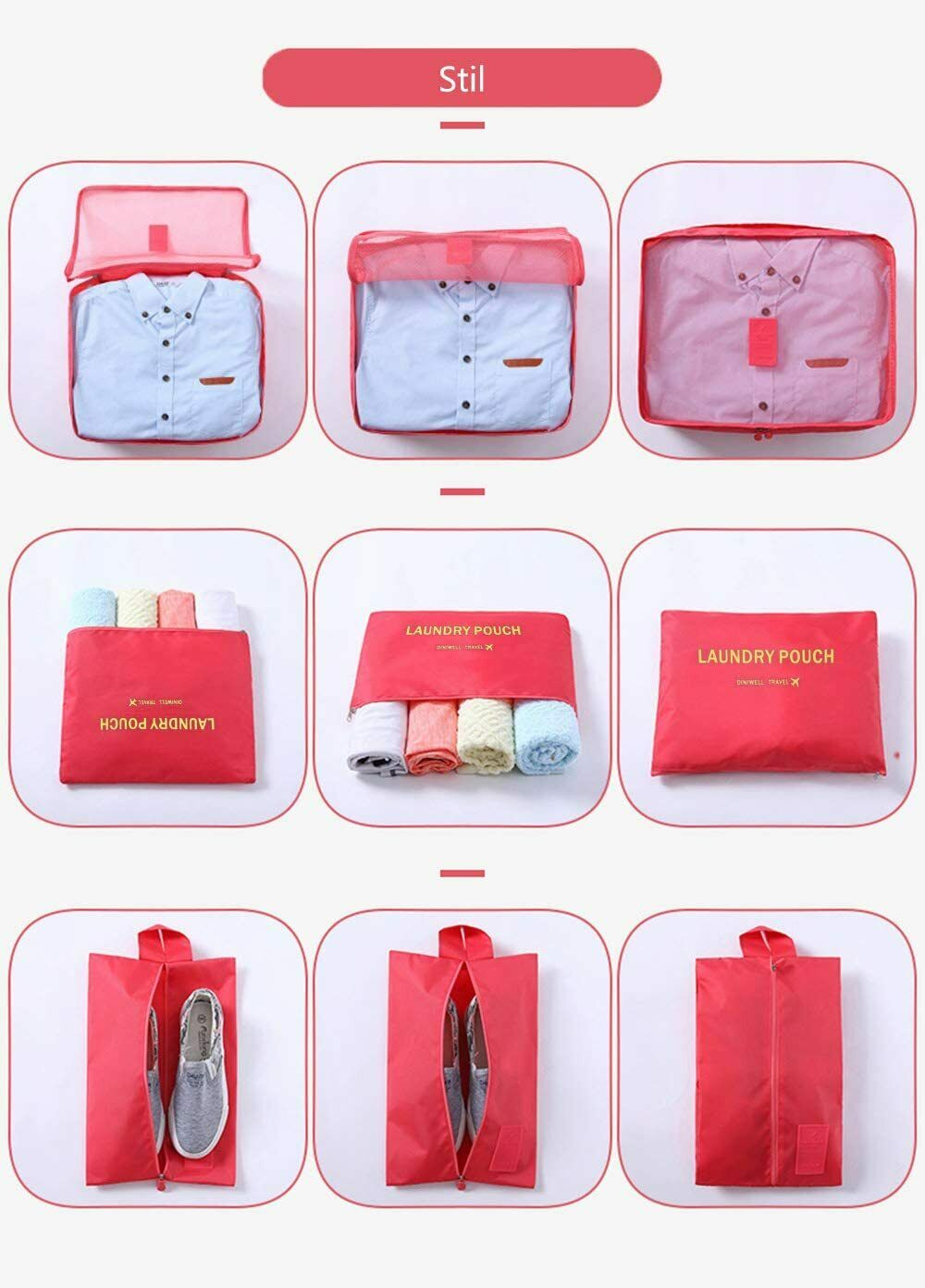 Kleidertaschen-Set 7-teilig Reisetasche in Koffer Wäschebeutel (Weinrot)