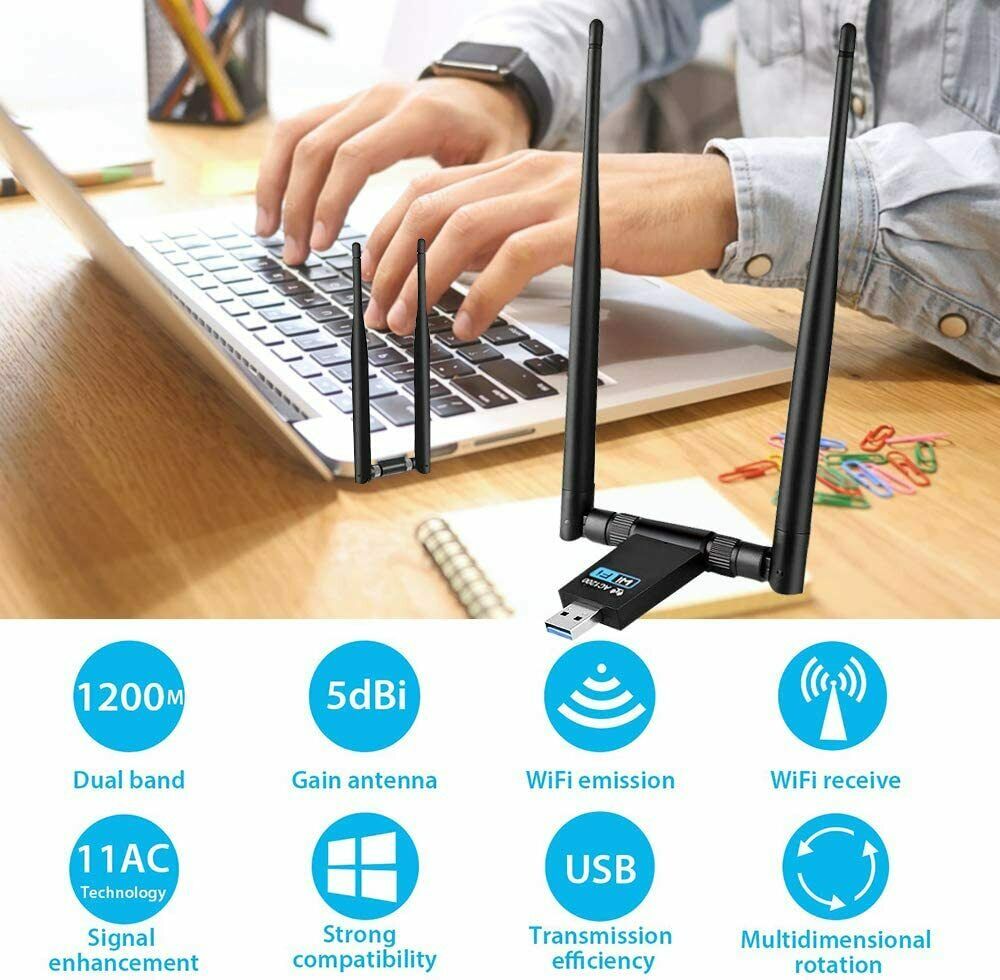WiFi Adapter, WLAN Stick 1200 Mbit/s DualBand Wireless 5GHz 867Mbps/2.4GHz 300Mb
